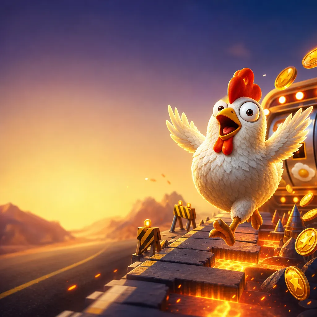 Illustration of Chicken Road slot game featuring cartoon chickens crossing a vibrant road with playful dynamic energy