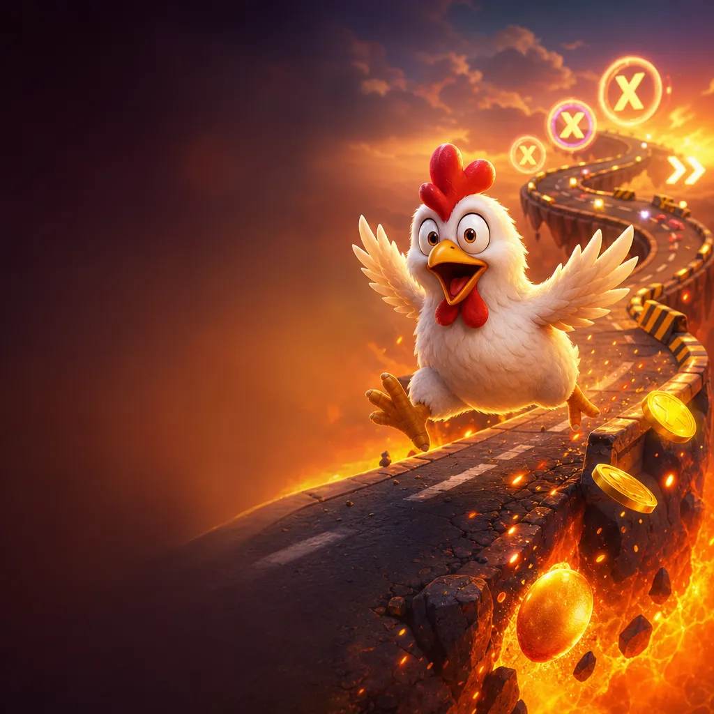 Illustration of Chicken Road game featuring animated chickens on a vibrant road with dynamic elements.