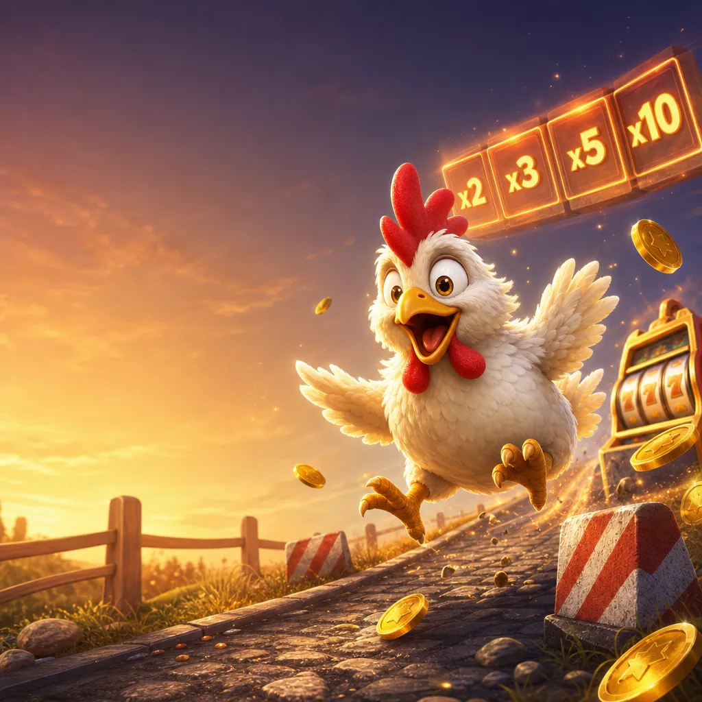Illustration for Chicken Road slot game featuring a playful chicken on a vibrant road with lively elements on the right side.