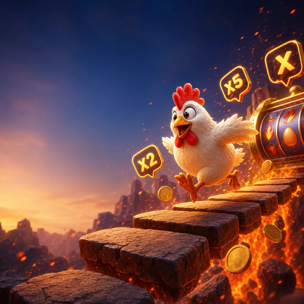 Illustration of a dynamic road with chickens playfully crossing, hinting at risk and movement, inspired by Chicken Road slot 